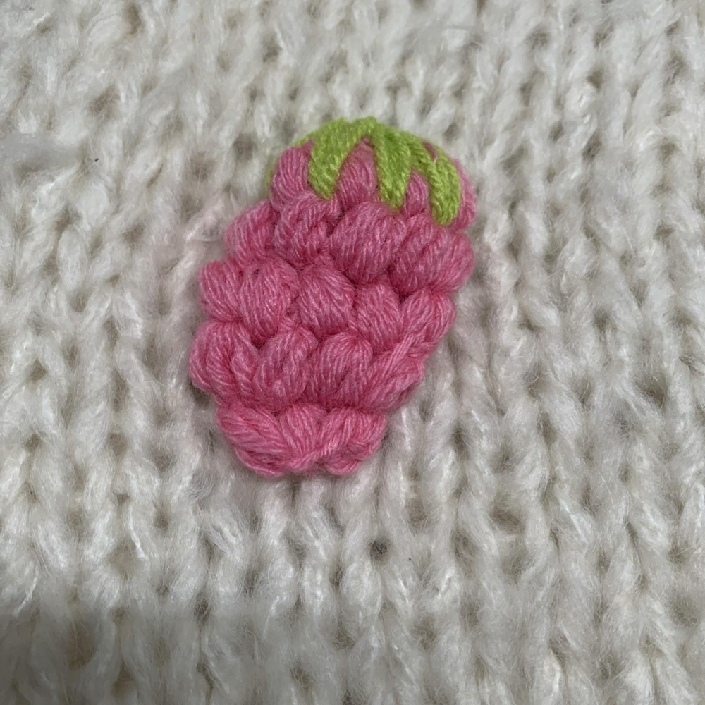 European Hand Knit Cardigan 3D Strawberry Balloon Sleeves Open Front Cream Sz M - Picture 3 of 10